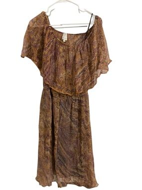 VINTAGE Ella Moss Silk  Patterned Ruffle Dress- Tan-Purple-M- Soft & Flowy!